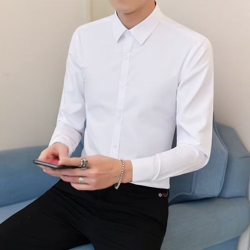 白色衬衫男长袖修身春秋季韩版潮流男士商务衬衣百搭纯色帅气上衣