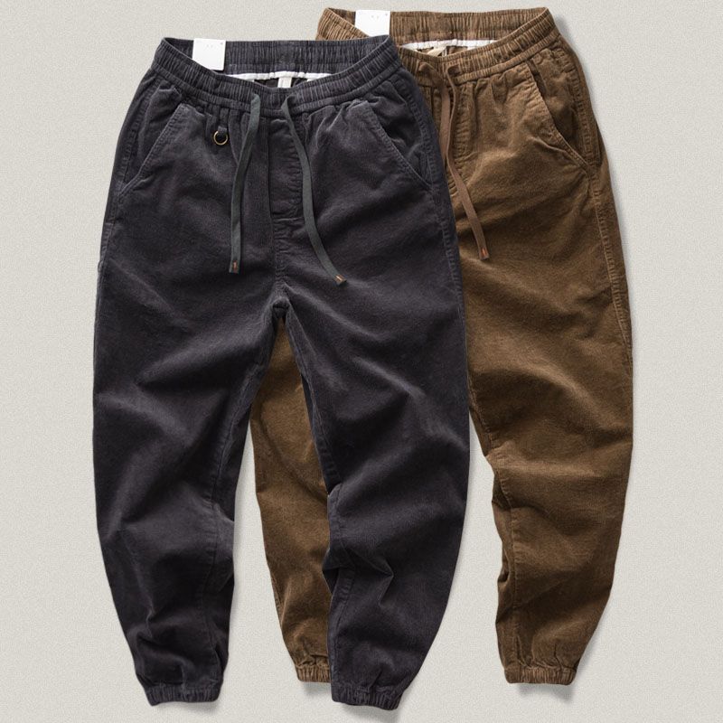 美式复古灯芯绒休闲裤男阿美咔叽宽松微弹松紧腰抽绳工装束脚裤男