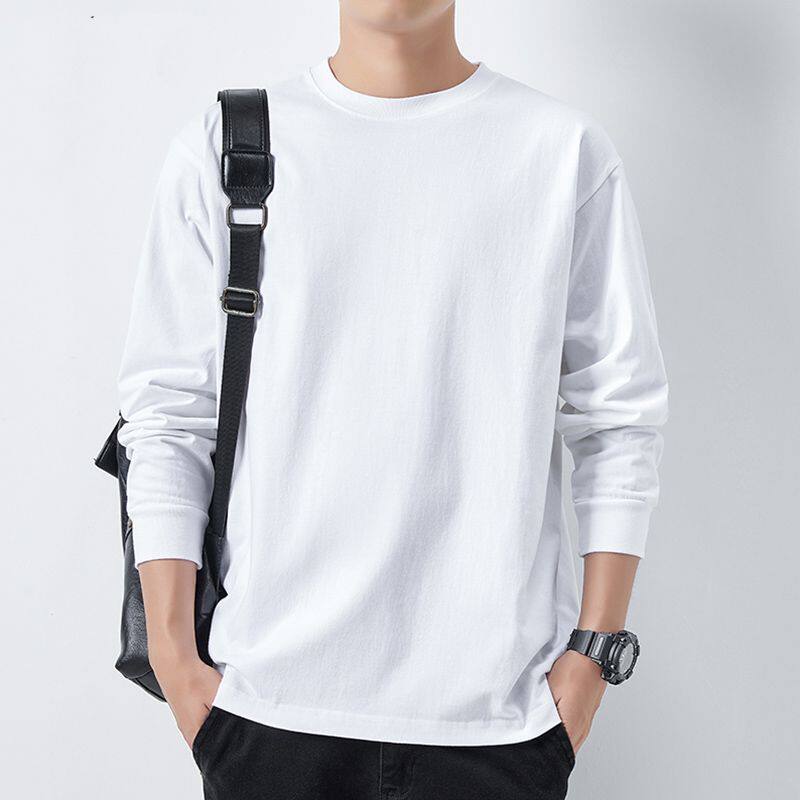 休闲圆领重磅长袖男t恤打底衫纯白色2025春秋款宽松上衣
