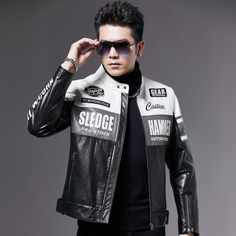 2025春秋新款男士皮衣机车头层牛皮修身真皮袖标刺绣摩托骑行服潮