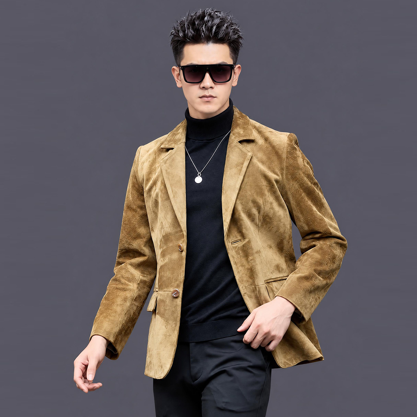 海宁皮衣真皮西装2026秋季新款男士反绒头层山羊皮西服夹克外套男