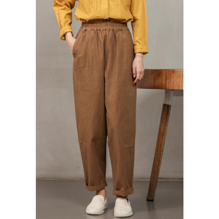 照本堂棉麻 女亚麻10支纯色简约长裤 秋季 棉麻休闲裤 W21071 新款