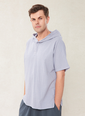 【照本堂】新款高端亚麻上衣男20支连帽短袖套头衫M12520