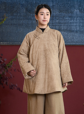 【照本堂】2025冬季新款棉麻女装中式加厚保暖提花盘扣棉衣W12862