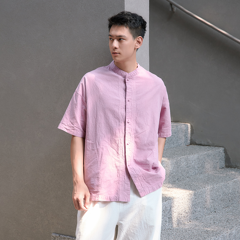 【照本堂】2025早秋新款国风棉麻衬衫男20支立领盘扣短袖M12729