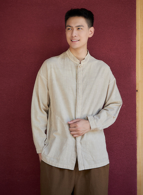 【照本堂】2025秋季男装新款新简约棉麻20支立领暗门襟衬衫M12810