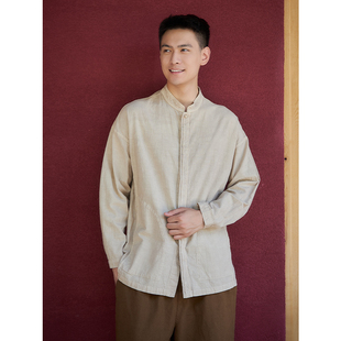 【照本堂】2025秋季男装新款新简约棉麻20支立领暗门襟衬衫M12810