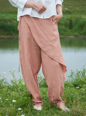 【照本堂】2025秋季新款休闲长裤女天丝麻面料搭片小脚裤W22692