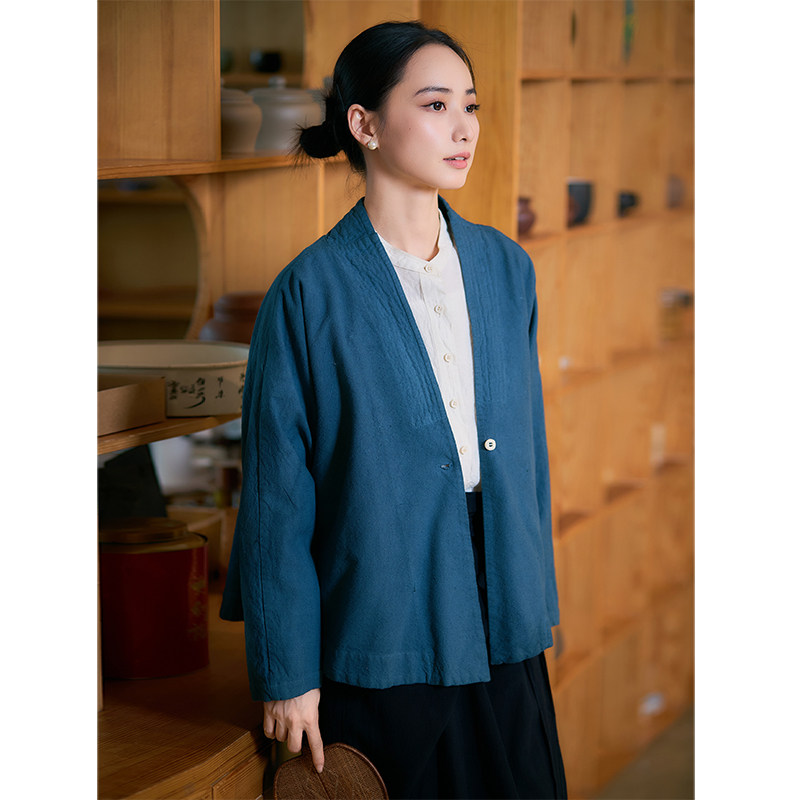 【照本堂】2026春季新款女装新中式棉麻10支双层V领外套女W12769