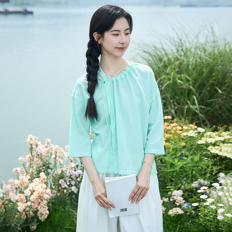 【照本堂】2025夏季新款新中式棉麻女装40支系带文艺上衣女W12698