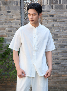 【照本堂】2025夏季新款棉麻上衣男亚麻五粒扣30支短袖衬衫M1868