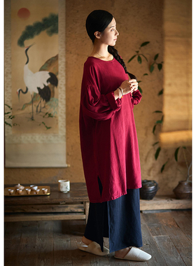 【照本堂】秋季新款国风8支棉麻女装中长款内搭休闲圆领衫W12620
