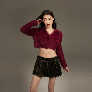 【现货】KeepBlue新年波尔多红貂毛毛衣女春秋v领针织开衫短款冬