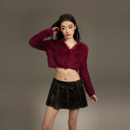 【现货】KeepBlue新年波尔多红貂毛毛衣女春秋v领针织开衫短款冬