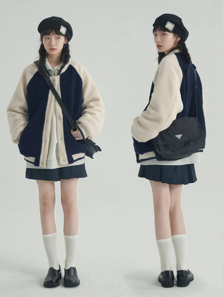 【现货】KeepBlue撞色米蓝仿羊羔毛棒球服软乎乎外套冬摇粒绒上衣