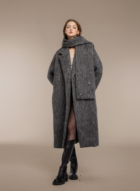 KeepBlue灰色长毛40羊毛大衣外套女秋冬高级感冬季加厚中长款呢子