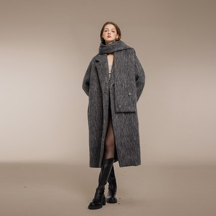 KeepBlue灰色长毛40羊毛大衣外套女秋冬高级感冬季加厚中长款呢子