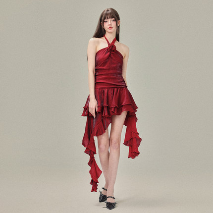 KeepBlue 荒漠野玫瑰 海岛缎红色挂脖裙风情万种连衣裙子女夏季