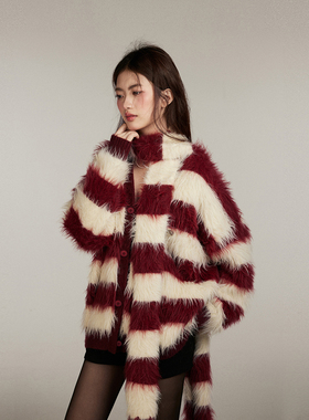 【现货】KeepBlue红条纹围巾毛衣女春秋长毛针织开衫加厚毛毛外套