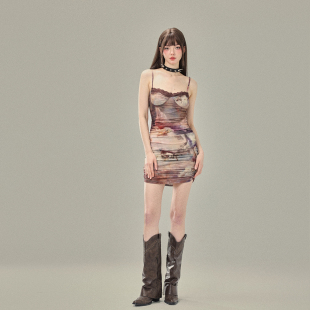 KeepBlue 天使网纱印花包臀裙吊带连衣裙女夏性感辣妹裙 画里画外