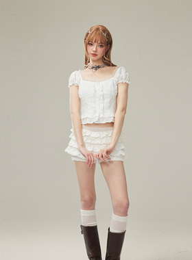 KeepBlue 海盐淡奶油 多层蛋糕裙裤套装夏两穿蕾丝衬衫两件套减龄