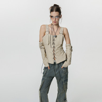 【现货】KeepBlue夏日多巴胺绑带袖套辣妹无袖背心马甲设计感上衣