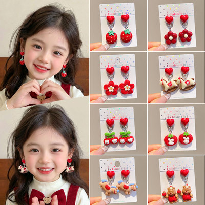 新年红色儿童耳夹卡通草莓花朵小女孩耳饰女童安全无耳洞可爱耳坠
