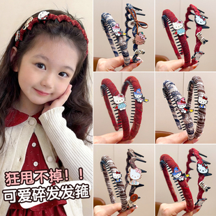 儿童发箍新年红色格纹女孩kt猫发捆头箍女童洗脸防滑带齿碎发发卡