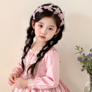 超仙儿童粉色发箍花朵珍珠发卡女童拍照写真公主头饰编发飘带头箍