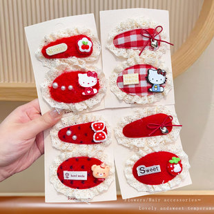 儿童红色发夹边夹侧边可爱KT猫女童头发夹子刘海夹前额女孩碎发夹