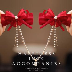 新年红色发夹儿童女童流苏链珍珠蝴蝶额头链边夹古装汉服女孩头饰