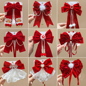 儿童发夹蝴蝶结头饰女童红色后脑勺发卡女孩新年过年夹子飘带发饰