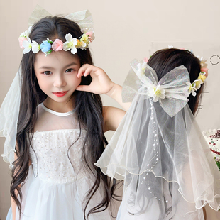 新款儿童公主头纱小女孩花环发饰头箍女童生日头饰宝宝周岁发箍