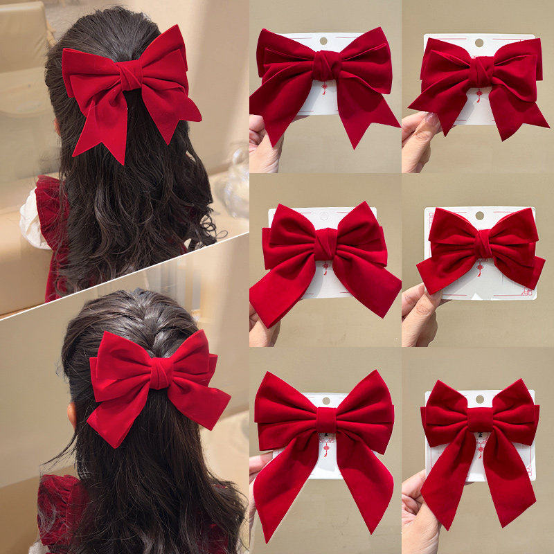 新年头饰红色蝴蝶结发夹后脑勺发卡喜庆顶夹拜过年年丝绒卡子发饰