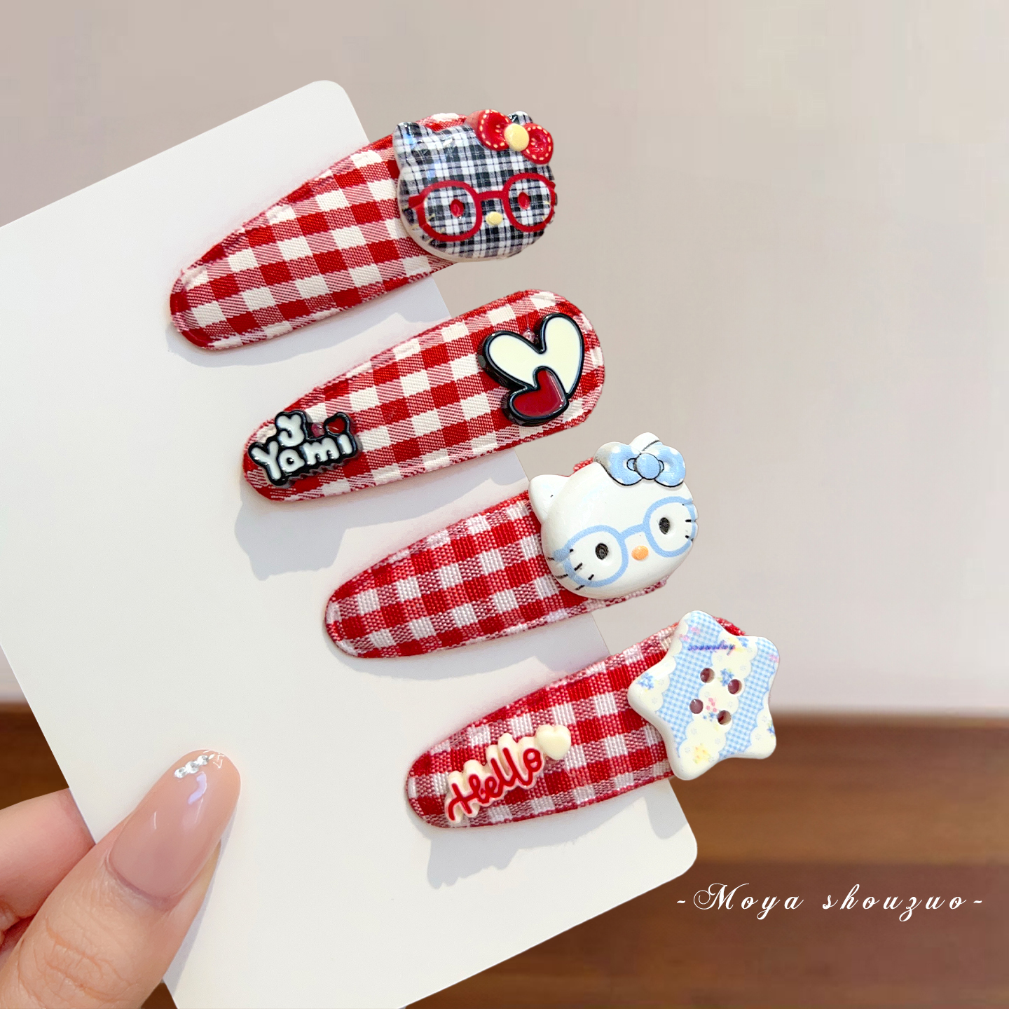 儿童发夹女童布艺bb夹侧边夹红色格纹kt猫女孩宝宝刘海夹子碎发卡