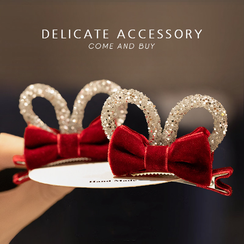 红色儿童新年头饰植绒蝴蝶结发夹公主女孩兔耳朵发卡女童过年发饰,童装/婴儿装/亲子装,发饰,淘宝优惠券,粉丝福利购,淘宝优惠卷