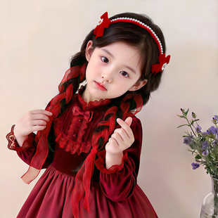 儿童新年红色发卡玫瑰花飘带编发发箍小公主生日头饰女童过年头箍