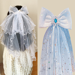 女童头纱儿童头饰爱莎艾莎公主发夹新款 宝宝发饰蓝色皇冠发卡生日