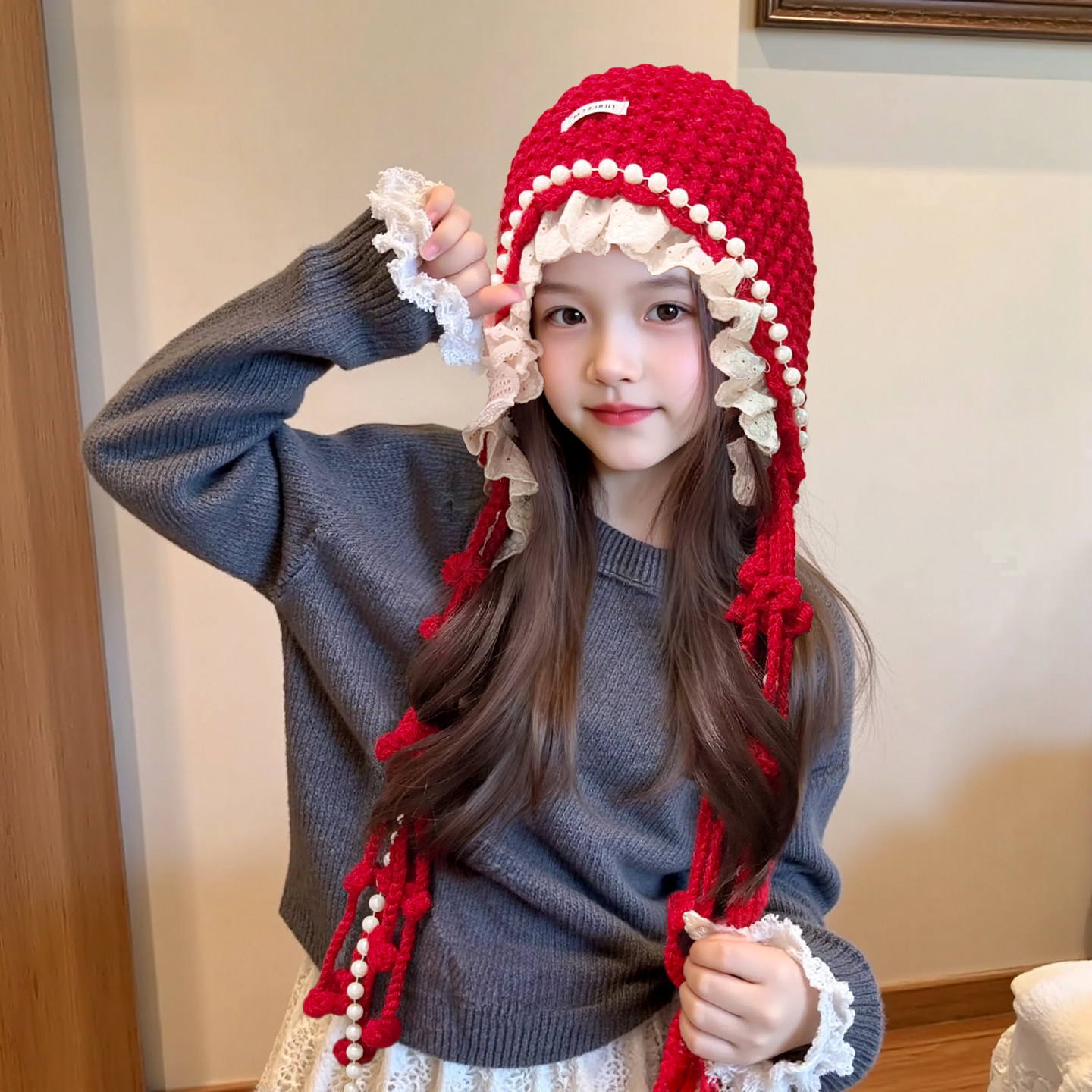 2026秋冬女韩版儿童流苏帽防风保暖针织帽子可爱小女孩时尚套头帽