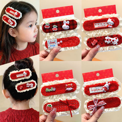 儿童红色新年针织发夹刘海BB夹子