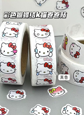 HelloKitty卡通贴纸可爱少女风卡通猫咪头像装饰贴红色蝴蝶结ins学生装饰手账贴纸封口胶带高颜值素材贴