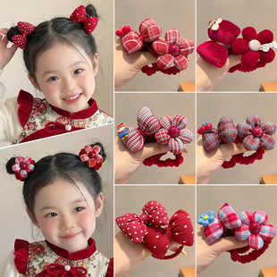 新年红色格纹蝴蝶结发圈儿童可爱皮筋女童高弹力不伤发头饰小女孩