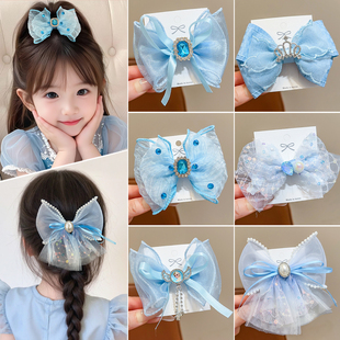 儿童蝴蝶结发夹女童蓝色艾莎公主发饰发卡女孩顶夹后脑勺夹子发饰