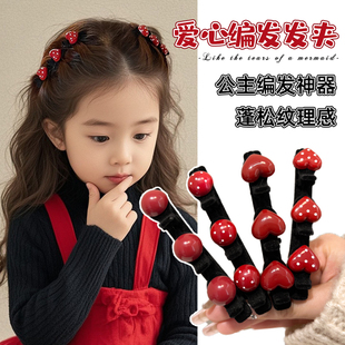 新年儿童编发夹红色波点女童爱心植绒对夹女孩过年公主头发卡边夹