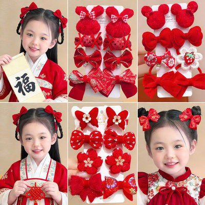 儿童新年红色发饰女童蝴蝶结发夹可爱毛绒发卡不伤发头饰过年卡子