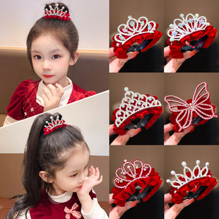 儿童皇冠头饰2026新年头饰红色女童丸子头马尾扣盘发器小女孩发饰
