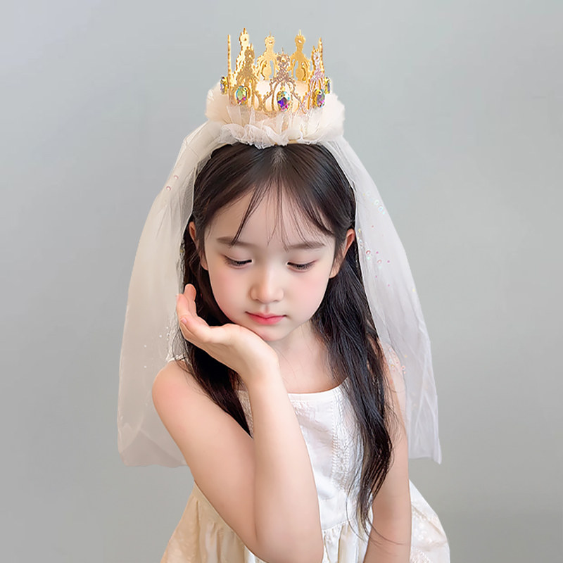 周岁女宝亮片公主皇冠披纱发箍