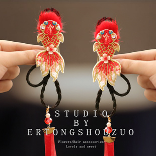 新年喜庆儿童发夹古风汉服锦鲤流苏红色发卡过年发饰假发女童头饰