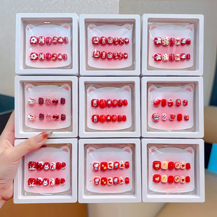 新年喜庆儿童指甲贴卡通可爱红色系女童猫咪兔子软甲片假指甲套装宝宝春节礼物小女孩过年美甲贴纸穿戴甲配饰