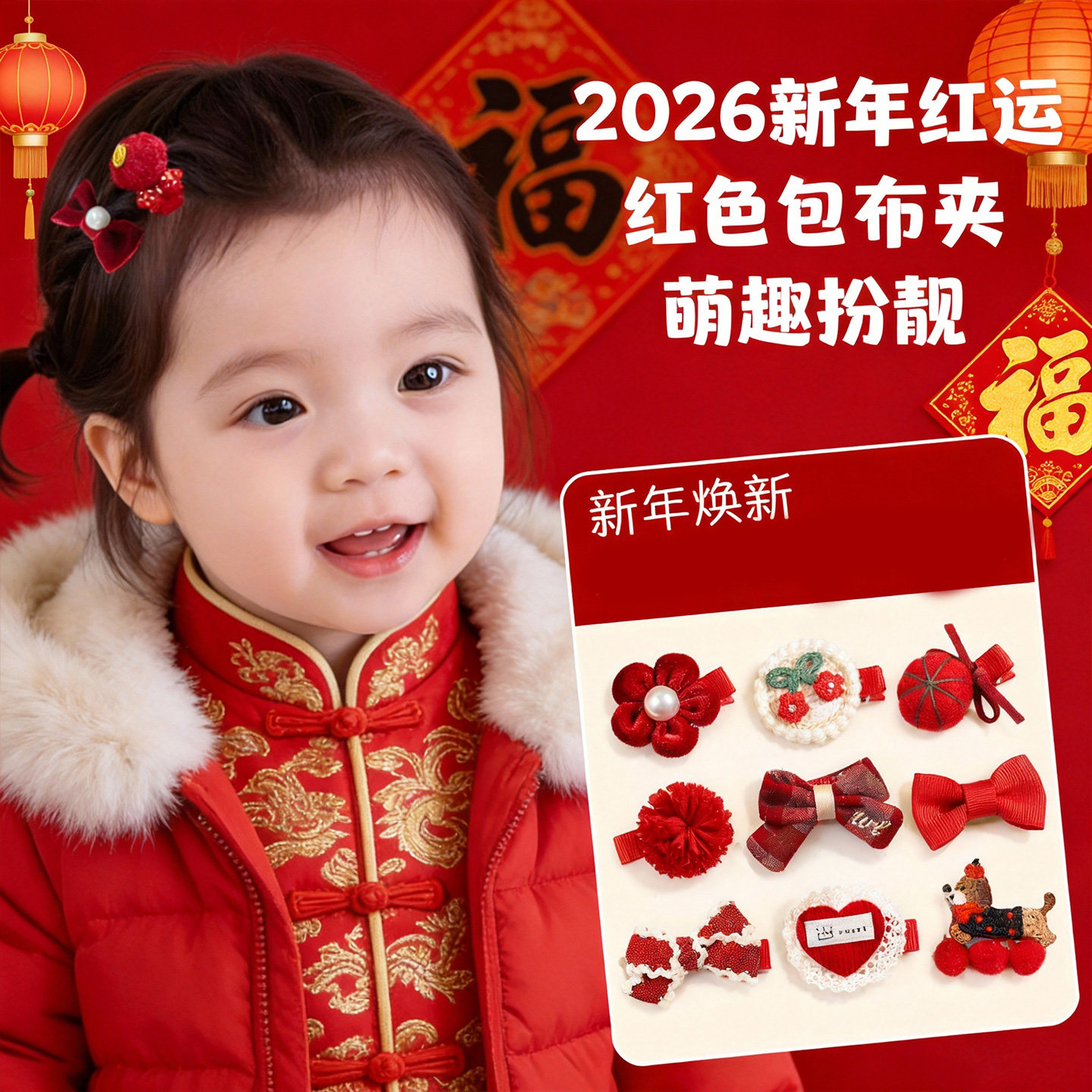 宝宝过年头饰新年儿童喜庆发饰女童红色婴儿发夹婴幼儿包布汗毛夹